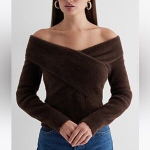Faux Fur Off The Shoulder Surplice Sweater
